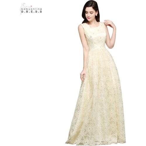 24 Hours Shipping Light Champagne Lace Long Evening Dress A-line Pearls O-neck Evening Party Dresses Sleeveless Robe De Soiree
