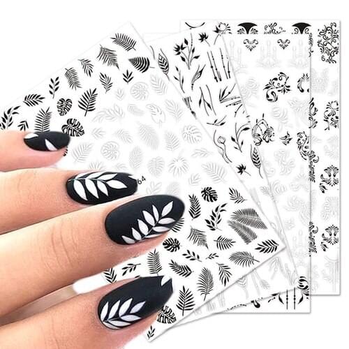 2 Sheet/ Set Stickers For Nails Designs White Black Flower Leaf Linear Manicure Sliders 3D Nail Art Decorations Sticker Decal