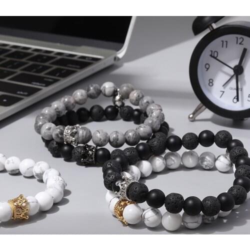 8mm Natural Stone CZ Micro Pave Crown King Queen Beads His and Hers Couple Bracelet