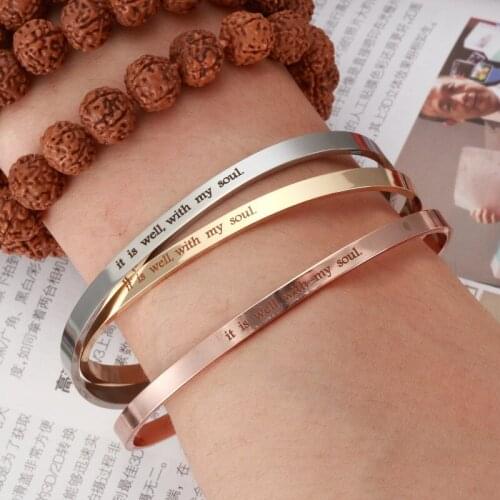 Beichong Stainless Steel Open Cuff Bracelet 4mm width Hand Stamped it is well, with my soul Bracelet Inspirational Bangle