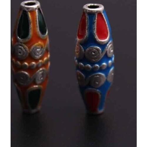 2pcs/lot Ethnic Colored Drawing Craft Cylinder Metal Charm Beads 25x8mm Ornament Spacer Beads Women DIY Pendants Jewelry Making