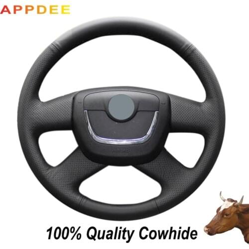 APPDEE Black Genuine Leather Steering Wheel Cover for Skoda Octavia Superb 2012 Fabia Skoda Octavia a5 2012 2013 Yeti 2009-2013