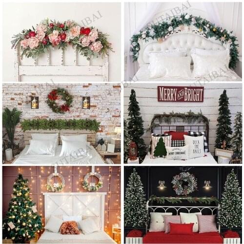 White Brick Wall Bed Headboard Bedroom Box Pillows Portrait Photo Backdrops Photography Backgrounds Christmas Boudoir Decoration