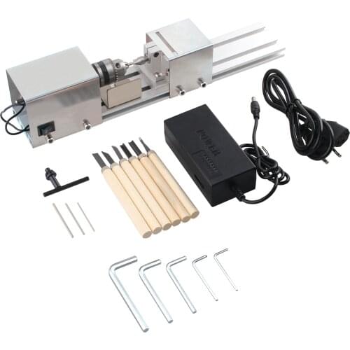 DC12-24V 96W Mini Lathe Beads Machine Woodwork DIY Lathe With Power Carving Cutter Wood DIY Tool Lathe Grinding EU Plug