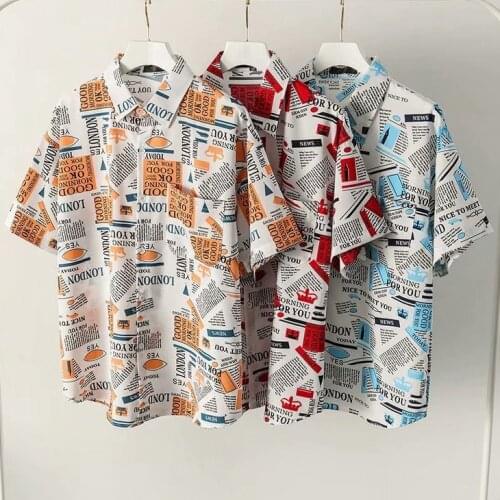 Summer High Quality Mens Hawaiian Shirt Newspaper Printed Short Lapel Sleeve Big Us Size Hawaii Men Beach Floral Shirts M-3XL