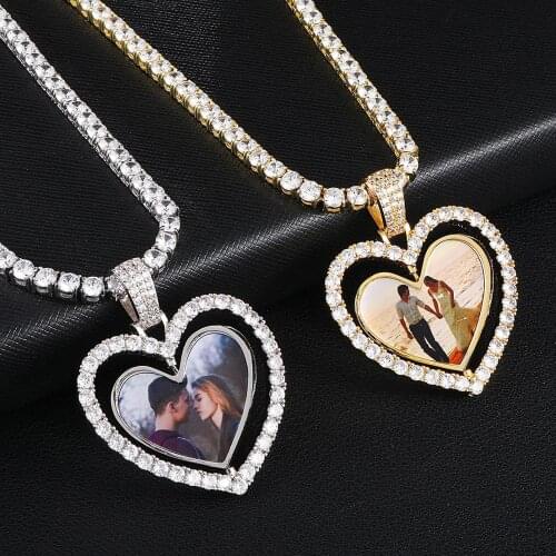 Hip Hop Custom Made Photo Heart Rotating Double-sided Iced Out Bling Cubic Zircon Necklace&Pendant For Men Jewelry Tennis Chain