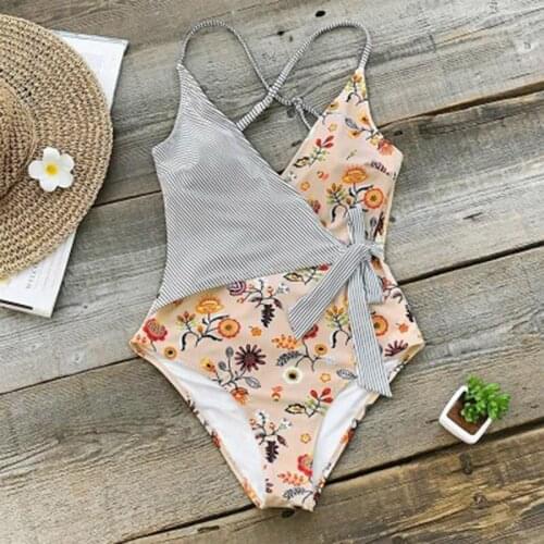 Swimsuit Ladies Summer Sexy Backless Cross Strap Swimsuit Bowknot Digital Print V-Neck Tight Stitching Bikini