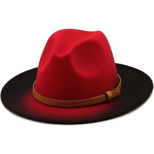 Hot Women Men Wool Vintage Trilby Felt Fedora Hat With Wide Brim Gentleman Elegant Gradient Color For Lady Winter Red Jazz Caps