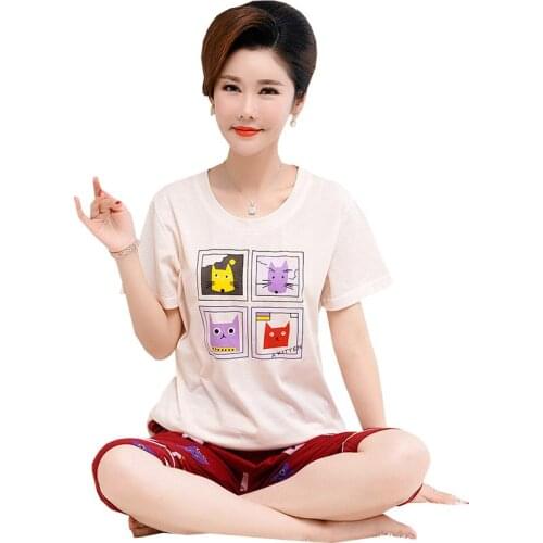 Cute Cartoon Print Pajamas Set Full Pure Cotton Short Sleeve Sleepwear Sexy Ladies Nightsuits Big Size Pyjama Homewear M-4XL