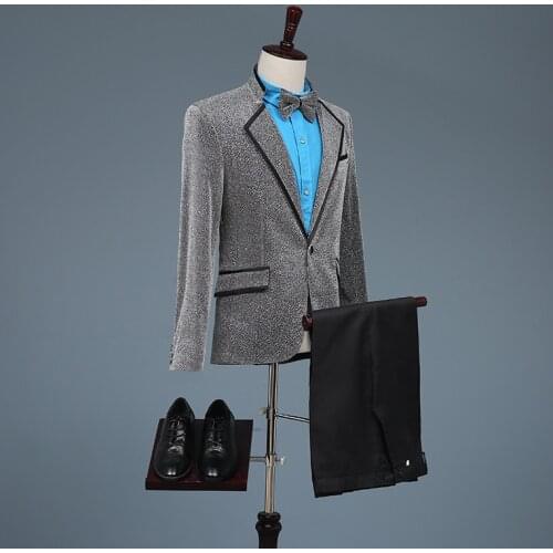 Mens Suit Set with Pants Clothing Mens Wedding 2 Pieces Suit Groom Dress Stage Edge Clothing (Suit+Pants+Tie)