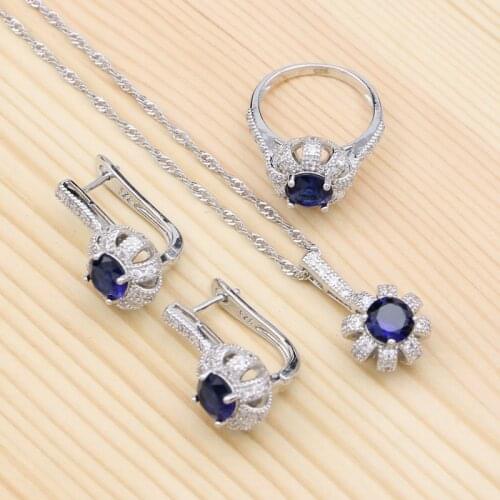 925 Sterling Silver Jewelry Sets For Women Wedding Acccessories Blue Cubic Zirconia Earrings/Pendant/Necklace/Ring Set