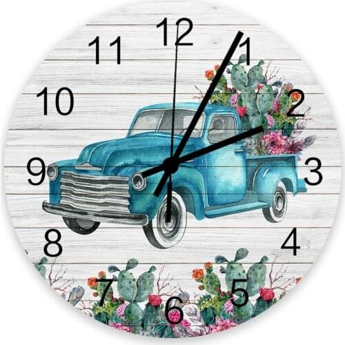 Tropical Plants Cactus Truck Wall Clock Wooden Modern Design Digital Clocks Home Living Room Wall Watch Decoration Gifts