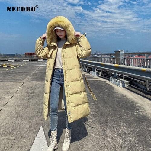 NEEDBO Winter Jacket Women Fur Collar Long Parka Casual Slim Woman Winter Coats Puffer Jacket Padded Outwear Long Coat Women