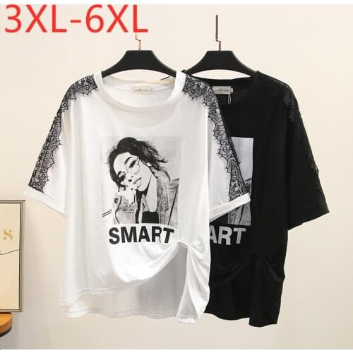 New 2021 Ladies Summer Plus Size Tops For Women Large Short Sleeve Loose Cotton White Lace Print Fold T-Shirt 3XL 4XL 5XL 6XL