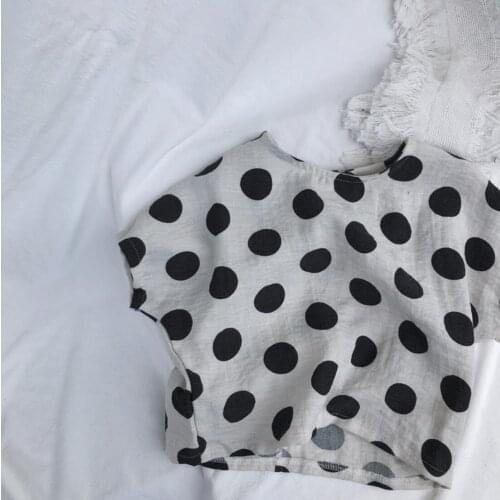 2021 new arrival girls boys dots tee summer short sleeve casual cotton linen kids t-shirt