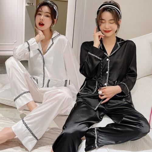 2021 Autumn Silk Satin Long Sleeve Pajama Sets for Women Fashion Korean Sleepwear Suit Pyjama Homewear Pijama Mujer Home Clothes