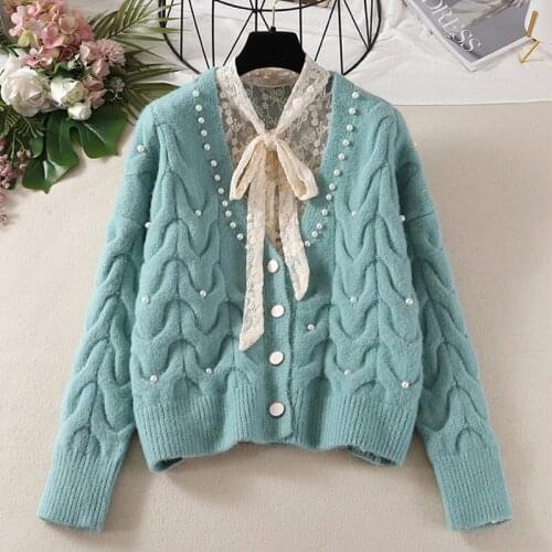 Autumn Knit Sweater Women V Neck Loose Warm Cardigan Lady Fashion Korean Casual Sweet Beading Long Sleeve Winter Coat Tops Lady