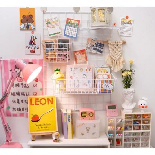 Grid without punching photos iron mesh easy to install pink girl heart room layout desktop sundry decoration rack J05