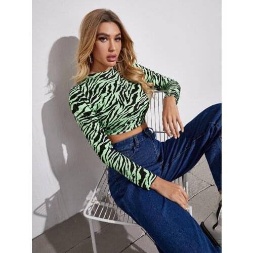Women Casual Sexy Backless T-Shirt Unique Style Zebra Stripe Printed Pattern Round Collar Long Sleeve Tops Refined Charming
