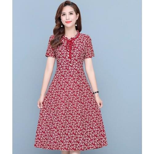 Women Comfortable Elegant Floral Print Dresses Ladies Short Sleeve Round Neck Slim Dress Female Vestidos Women Summer Clothing