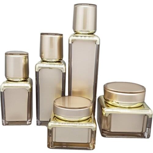 15ml 30ml 50ml Elegant Square Shape Gold Acrylic Refillable Bottle Lotion Pump Cosmetic Packaging Pearl 30g 50g Cream Jar 10pcs