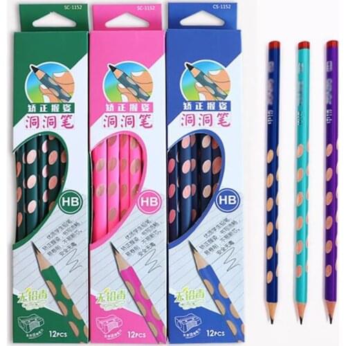 12PCS/Set HB Wood Cased Pencils with Pencil Sharpener, Correction Grip, Triangular Pre-sharpened Pencil for Kids, Students