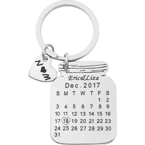 2020 Cute Metal Bottle Shape Calendar Keychain Personalized Carving 2 Initials Name Date Anniversary Key Chain Heart llaveros