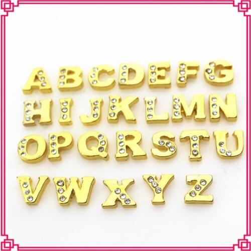 26Pcs Charms 26 English Alphabet Letters Gold Color Rhinestones Floating Charms for Living Memory Glass Lockets