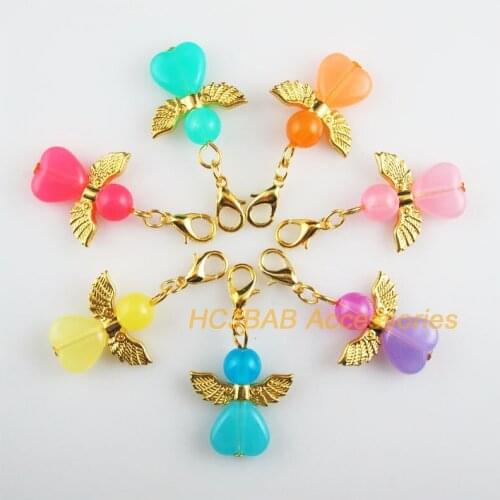 7 New 22x28mm Angel Charms Mixed Jelly Heart Acrylic Gold Color Retro With Lobster Claw Clasps
