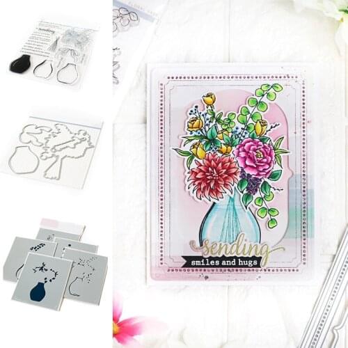 FLORAL VASE Metal Cutting Dies and Silicone Stamps Stencil for Scrapbooking Album Decoration Craft for DIY Greeting Card Making