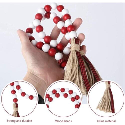Wood Bead Garland with Tassels Farmhouse Country Rustic Wooden Beads Holiday Tiered Tray Decorations Wall Hanging Decor