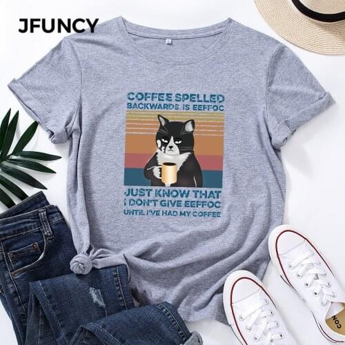 JFUNCY Plus Size Women Cotton T Shirt Cartoon Cat Graphic Print Loose Tees Short Sleeve Woman Casual T-shirt Summer Female Tops