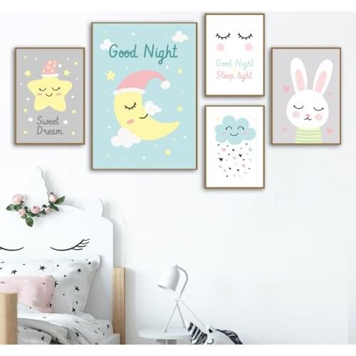 Cartoon Star Moon Cloud Rabbit Good Night Wall Art Canvas Painting Nordic Posters And Prints Wall Pictures Baby Kids Room Decor