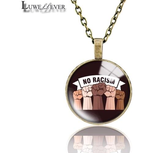 No Racism Necklace 646 25mm Bronze 30mm Wood Rhinestone Double-sided Moon Round Glass Pendant For Women Gift