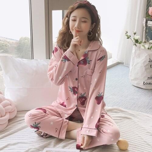New 2021 Women Pajamas Sets with Pants Long Sleeve Turn-down Collar with Pocket Pyjama Cute Cartoon Button Top+Pants Pijama
