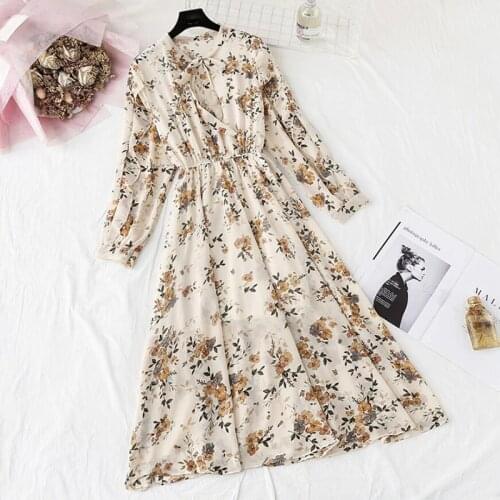 Spring Summer Women Chiffon Dresses 2020 Bow Casual Long sleeve Floral Print Midi Dress Elegant Party Dress Vestidos Mujer