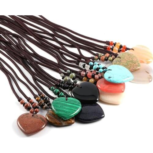 Natural Stone Pendant Simple Heart Shape Blue Sand/India Agates Pendant With Chain For Charm Jewelry Healing gift