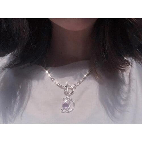 Purple Rhinestone Hollow Moon Heart Crystal Clavicle Chain OT Buckle Necklace Cool Girl Street Sweetheart Necklace Jewellery