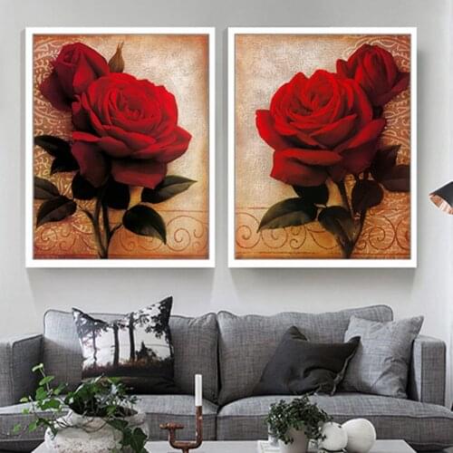 Romantic Red Rose Flower Modern Abstract Paintings Canvas Wall Art Valentines Day present for Wedding Room Home Wall Decoration