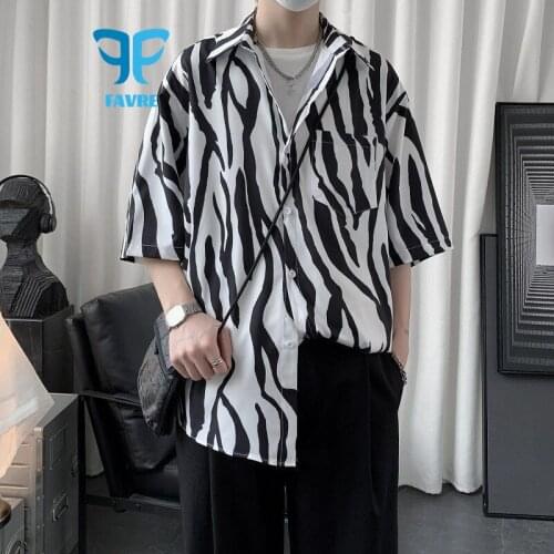 FAVRE Casual Shirts Summer Men Short Sleeve Fashion Shirt Loose Black white Stripe Pocket