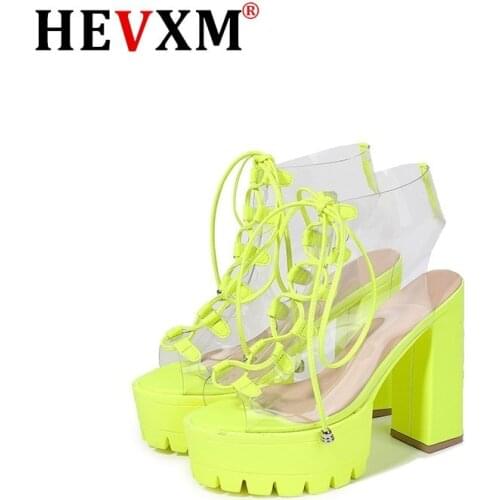Neon Green PVC Jelly Sandals Open Toe Lace-up Gladiator High Heels Summer Shoes Platform Heel Transparent Sandals Big Size 43