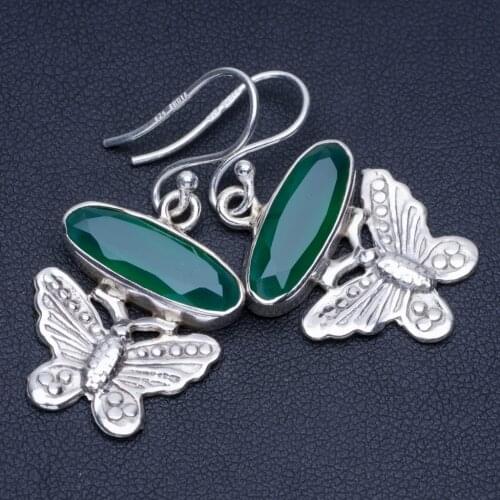Natural Chrysoprase Butterfly Unique Punk Style 925 Sterling Silver Earrings 1 1/2" P1596