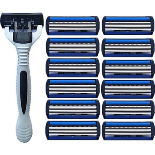 Traditional Manual Beard Shaver Kit 1pcs Shaver Rack + 12pcs 6-Layer Razor Blade Refills for Men Boys Trimmer Supplies