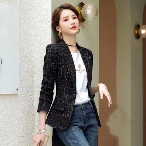 Tweed Plaid Small Blazer Women 2021 New Spring Autumn Professional Short Casual Slim Waist Waist Jackets Outerwear Suit Top