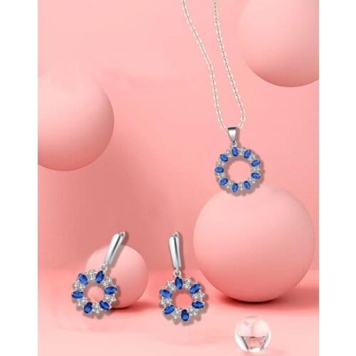 ROLILASON Vintage Round Dark Blue Crystal Inlay Earrings / Necklace / Pendant / Charming Christmas Gift JS800