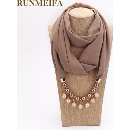 RUNMEIFA Jewelry Pendants Necklaces Scarf Solid Chiffon Hijab Beads Jewelry Circular Pendant Scarf Women Decorative Neckerchief