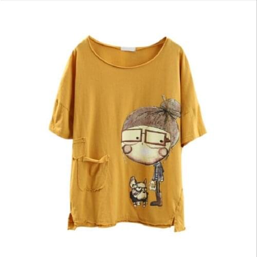 Women Fashion Summer TShirt Vintage Patchwork Cartoon Dog Little Girl Print Sweet Short Sleeve T-Shirt Female Casual Tee Tshirts