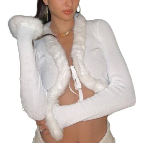 Women Ribbed Knitted Cardigans Tie-up Crop Tops Sexy Solid Long Sleeve Slim V-neck Fur Cardigans Female Knitwear Sweaters