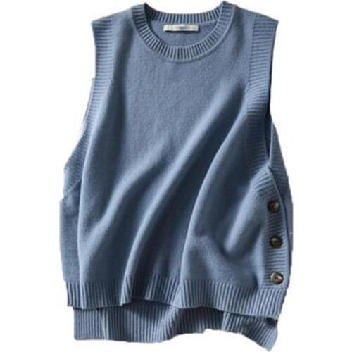 2021 College style hem three button sweater knitted vest women solid o neck sleeveless oversized sweaters women fashion vest