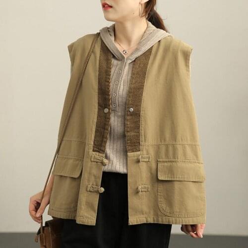 Spring Splicing Disc Buckle Retro Loose Vest Jacket V-Neck Slim Top Casual Wild Waistcoat Women Autumn Sleeveless Coat y1526